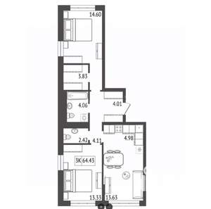 3-к квартира, вторичка, 65м2, 9/17 этаж