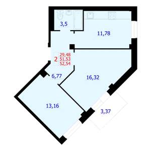 2-к квартира, строящийся дом, 53м2, 2/9 этаж