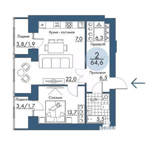 2-к квартира, строящийся дом, 65м2, 16/17 этаж