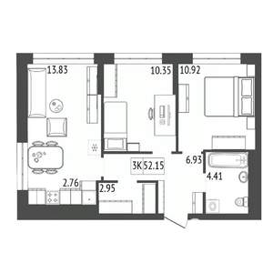 3-к квартира, строящийся дом, 52м2, 14/17 этаж