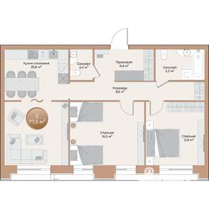 2-к квартира, вторичка, 78м2, 5/24 этаж