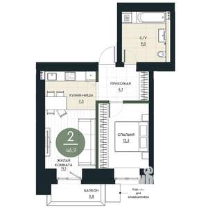 2-к квартира, строящийся дом, 47м2, 3/16 этаж