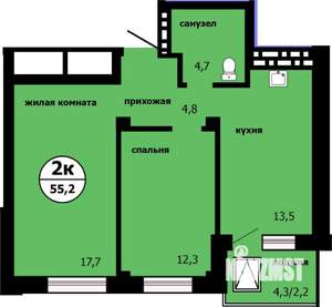 2-к квартира, строящийся дом, 54м2, 9/19 этаж