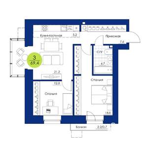 3-к квартира, вторичка, 69м2, 5/17 этаж