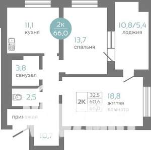 2-к квартира, строящийся дом, 66м2, 2/19 этаж