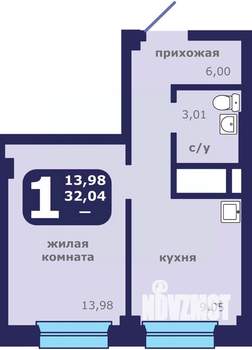 1-к квартира, строящийся дом, 32м2, 1/25 этаж