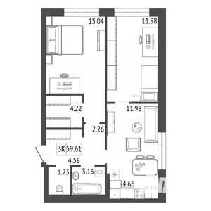 3-к квартира, вторичка, 60м2, 8/17 этаж