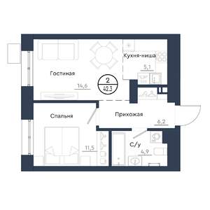 2-к квартира, строящийся дом, 42м2, 13/23 этаж