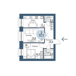 2-к квартира, строящийся дом, 57м2, 2/17 этаж