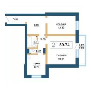 2-к квартира, вторичка, 60м2, 13/17 этаж