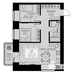 2-к квартира, вторичка, 52м2, 13/17 этаж