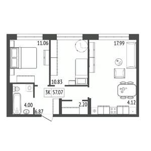 3-к квартира, строящийся дом, 57м2, 4/17 этаж