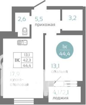 1-к квартира, вторичка, 44м2, 19/19 этаж