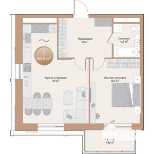 1-к квартира, вторичка, 57м2, 8/24 этаж