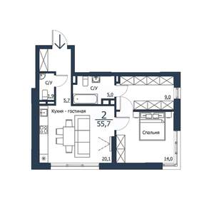 2-к квартира, строящийся дом, 56м2, 18/23 этаж