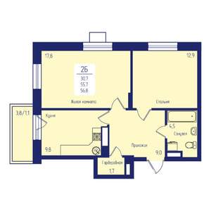 2-к квартира, вторичка, 57м2, 17/17 этаж