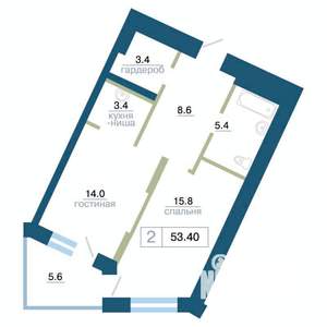 2-к квартира, строящийся дом, 53м2, 8/24 этаж