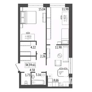3-к квартира, строящийся дом, 60м2, 17/17 этаж