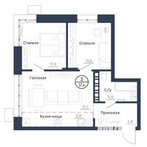 3-к квартира, вторичка, 57м2, 22/23 этаж