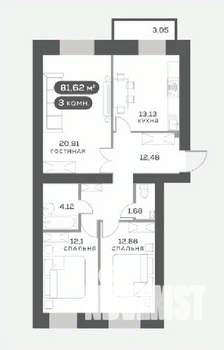 3-к квартира, вторичка, 77м2, 3/15 этаж