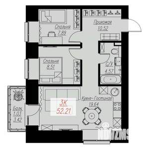 2-к квартира, строящийся дом, 52м2, 4/17 этаж