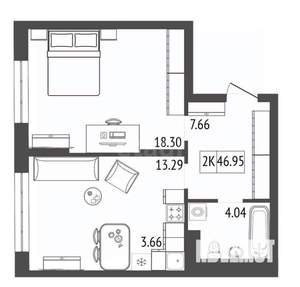 2-к квартира, вторичка, 47м2, 11/17 этаж