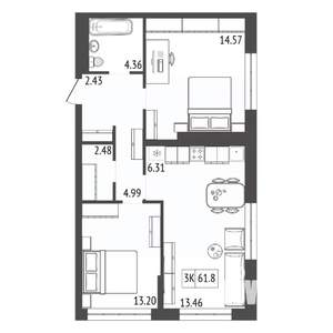 3-к квартира, строящийся дом, 62м2, 13/17 этаж