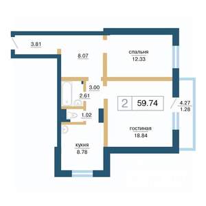 2-к квартира, строящийся дом, 60м2, 7/17 этаж