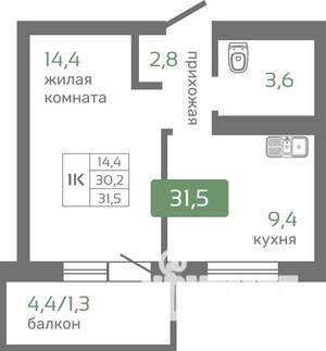 1-к квартира, строящийся дом, 32м2, 19/19 этаж