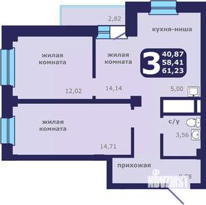 3-к квартира, строящийся дом, 61м2, 8/25 этаж