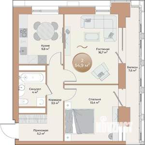 2-к квартира, строящийся дом, 55м2, 2/24 этаж