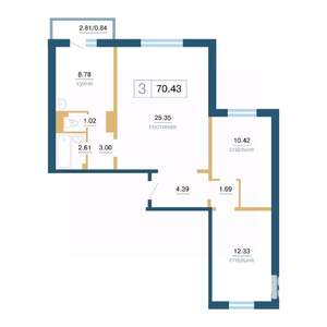 3-к квартира, вторичка, 70м2, 14/17 этаж