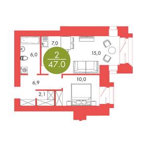 2-к квартира, строящийся дом, 47м2, 16/17 этаж
