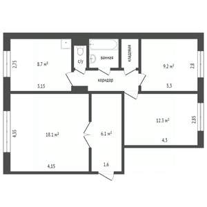 3-к квартира, вторичка, 69м2, 6/9 этаж