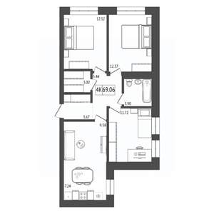 4-к квартира, строящийся дом, 69м2, 15/17 этаж