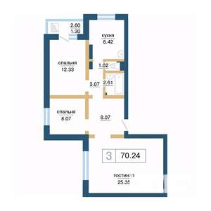 3-к квартира, строящийся дом, 70м2, 7/17 этаж