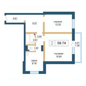 2-к квартира, строящийся дом, 60м2, 11/17 этаж
