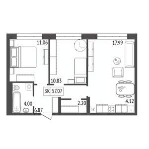3-к квартира, вторичка, 57м2, 3/17 этаж