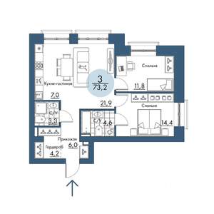 3-к квартира, строящийся дом, 73м2, 2/17 этаж