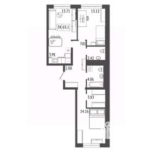 3-к квартира, строящийся дом, 65м2, 9/17 этаж