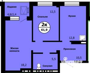 2-к квартира, строящийся дом, 61м2, 17/19 этаж