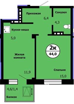 2-к квартира, строящийся дом, 43м2, 8/19 этаж