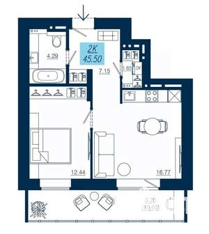 2-к квартира, вторичка, 46м2, 3/19 этаж