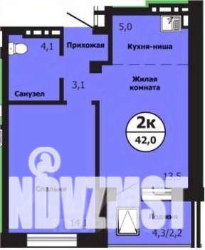 2-к квартира, строящийся дом, 42м2, 16/19 этаж