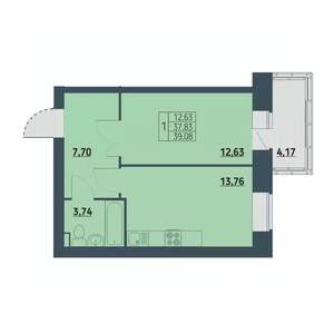 1-к квартира, строящийся дом, 40м2, 6/9 этаж