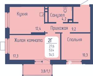 2-к квартира, строящийся дом, 55м2, 7/21 этаж