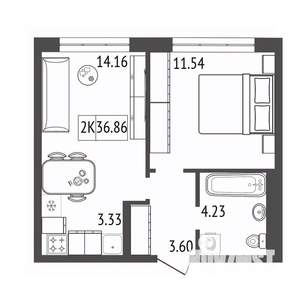 2-к квартира, строящийся дом, 37м2, 7/17 этаж