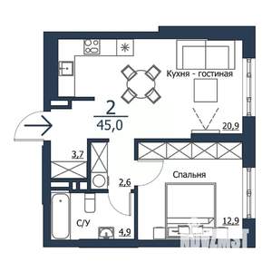2-к квартира, строящийся дом, 45м2, 21/23 этаж