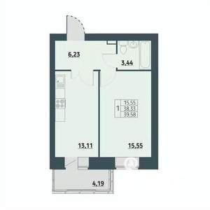1-к квартира, строящийся дом, 40м2, 6/9 этаж